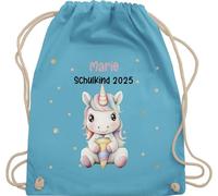 Turnbeutel Rucksack - Schulanfang - Schulkind 2025 Einhorn mit Name | Geschenk Einschulung - Unisize - Hellblau - erster schultag sportbeutel schulanfänger sporttasche schul beutel