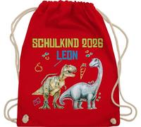 Turnbeutel Rucksack - Schulkind 2026 mit Name und Dinosauriern | Einschulung Geschenk Jungen Schulanfang Dino - Unisize - Rot - 1. klasse dinosaurier erster schultag sportbeutel schulanfänger 2025
