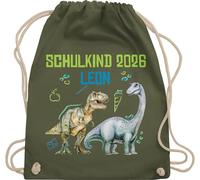 Turnbeutel Rucksack - Schulkind 2026 mit Name und Dinosauriern | Einschulung Geschenk Jungen Schulanfang Dino - Unisize - Olivgrün - 1. klasse dinosaurier erster schultag sportbeutel schulanfänger