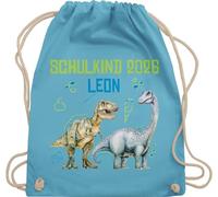 Turnbeutel Rucksack - Schulkind 2026 mit Name und Dinosauriern | Einschulung Geschenk Jungen Schulanfang Dino - Unisize - Hellblau - 1. klasse dinosaurier erster schultag sportbeutel schulanfänger
