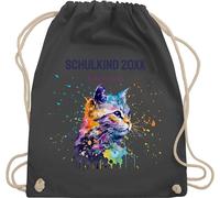 Turnbeutel Rucksack - Schulkind Jahreszahl Katze mit Name personalisiert I Einschulung Geschenk Schulbeginn I Schuleintritt I Schulanfang - Unisize - Dunkelgrau - erster schultag sportbeutel