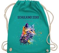 Turnbeutel Rucksack - Schulkind Jahreszahl Katze mit Name personalisiert I Einschulung Geschenk Schulbeginn I Schuleintritt I Schulanfang - Unisize - Türkis - erster schultag sportbeutel