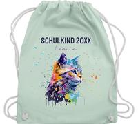 Turnbeutel Rucksack - Schulkind Jahreszahl Katze mit Name personalisiert I Einschulung Geschenk Schulbeginn I Schuleintritt I Schulanfang - Unisize - Pastell Grün - erster schultag sportbeutel