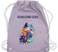 Turnbeutel Rucksack - Schulkind Jahreszahl Katze mit Name personalisiert I Einschulung Geschenk Schulbeginn I Schuleintritt I Schulanfang - Unisize - Pastell Lila - erster schultag sportbeutel