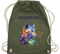 Turnbeutel Rucksack - Schulkind Jahreszahl Katze mit Name personalisiert I Einschulung Geschenk Schulbeginn I Schuleintritt I Schulanfang - Unisize - Olivgrün - erster schultag sportbeutel