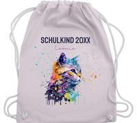 Turnbeutel Rucksack - Schulkind Jahreszahl Katze mit Name personalisiert I Einschulung Geschenk Schulbeginn I Schuleintritt I Schulanfang - Unisize - Pastell Rosa - erster schultag sportbeutel