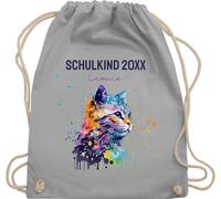 Turnbeutel Rucksack - Schulkind Jahreszahl Katze mit Name personalisiert I Einschulung Geschenk Schulbeginn I Schuleintritt I Schulanfang - Unisize - Hellgrau - erster schultag sportbeutel