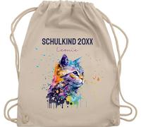 Turnbeutel Rucksack - Schulkind Jahreszahl Katze mit Name personalisiert I Einschulung Geschenk Schulbeginn I Schuleintritt I Schulanfang - Unisize - Naturweiß - erster schultag sportbeutel