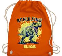 Turnbeutel Rucksack - Schulkind Tyrannosaurus Rex mit Name | Einschulung Dino Geschenk Schulanfang Dinosaurier - Unisize - Orange - erster schultag sportbeutel schulanfänger 2025 sporttasche