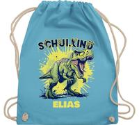 Turnbeutel Rucksack - Schulkind Tyrannosaurus Rex mit Name | Einschulung Dino Geschenk Schulanfang Dinosaurier - Unisize - Hellblau - erster schultag sportbeutel schulanfänger 2025 sporttasche