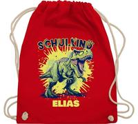 Turnbeutel Rucksack - Schulkind Tyrannosaurus Rex mit Name | Einschulung Dino Geschenk Schulanfang Dinosaurier - Unisize - Rot - erster schultag sportbeutel schulanfänger 2025 sporttasche