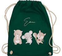 Turnbeutel Rucksack - Tiere - Bär Maus Eichhörnchen süße Waldtiere mit Name - Unisize - Dunkelgrün - personalisierte beutel kindergarten personalisierter stoffbeutel kinder tier tierfiguren