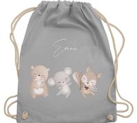 Turnbeutel Rucksack - Tiere - Bär Maus Eichhörnchen süße Waldtiere mit Name - Unisize - Hellgrau - personalisierte beutel kindergarten personalisierter stoffbeutel kinder tier tierfiguren