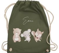 Turnbeutel Rucksack - Tiere - Bär Maus Eichhörnchen süße Waldtiere mit Name - Unisize - Olivgrün - personalisierte beutel kindergarten personalisierter stoffbeutel kinder tier tierfiguren