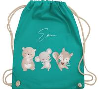 Turnbeutel Rucksack - Tiere - Bär Maus Eichhörnchen süße Waldtiere mit Name - Unisize - Türkis - personalisierte beutel kindergarten personalisierter stoffbeutel kinder tier tierfiguren