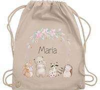 Turnbeutel Rucksack - Tiere - Kinder Geschenkidee Waldtiere mit Name I Nikolaus Geschenk Kinder I Eichhörnchen I Bär I Waschbär I Igel - Unisize - Naturweiß - personalisierte kindergarten beutel