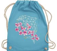 Turnbeutel Rucksack - Tiere Meerschweinchen Hase & Co. - Delfin mit Blumen - Unisize - Hellblau - tier tieren tiermotiv dolphin beutel kinderrucksack tiermotive delphin stofftasche giraffe delfine