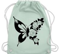 Turnbeutel Rucksack - Tiere Meerschweinchen Hase & Co. - Schmetterling mit Blumen - schwarz - Unisize - Pastell Grün - tieren tiermotiv schmetterlinge sportbeutel tier animal schmetterlingen