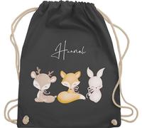 Turnbeutel Rucksack - Tiere - Reh Fuchs Hase süße Waldtiere mit Name - Unisize - Dunkelgrau - kindergarten beutel wechselkleidung personalisierter stoffbeutel kinder personalisierte geschenke