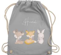 Turnbeutel Rucksack - Tiere - Reh Fuchs Hase süße Waldtiere mit Name - Unisize - Hellgrau - kindergarten beutel wechselkleidung personalisierter stoffbeutel kinder personalisierte geschenke hasen