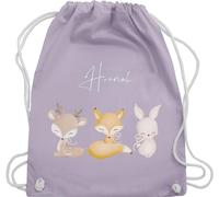 Turnbeutel Rucksack - Tiere - Reh Fuchs Hase süße Waldtiere mit Name - Unisize - Pastell Lila - kindergarten beutel wechselkleidung personalisierter stoffbeutel kinder personalisierte geschenke