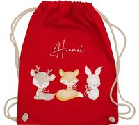 Turnbeutel Rucksack - Tiere - Reh Fuchs Hase süße Waldtiere mit Name - Unisize - Rot - kindergarten beutel wechselkleidung personalisierter stoffbeutel kinder personalisierte geschenke hasen