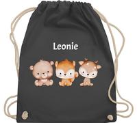 Turnbeutel Rucksack - Tiere - Waldtiere mit Name - Bär Eichhörnchen Reh - Unisize - Dunkelgrau - kindergarten beutel fuchs personalisierter stoffbeutel kinder personalisierte geschenke kissenbezug