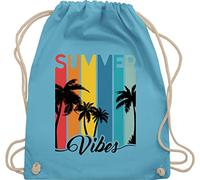 Turnbeutel Rucksack - Vintage Retro - Summer Vibes - Palmen Silhouette Sonnenuntergang - Sunset Chillout - Unisize - Hellblau - sprüche palme stoffbeutel spruch stofftasche spruche sporttasche