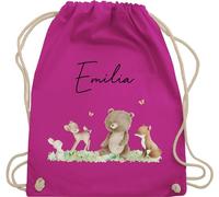 Turnbeutel Rucksack - Waldtiere Tiere Wald Tier Hase Reh Bär Fuchs - Unisize - Fuchsia - kindergarten beutel name personalisierter stoffbeutel kinder personalisierte geschenke turnsackerl