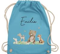 Turnbeutel Rucksack - Waldtiere Tiere Wald Tier Hase Reh Bär Fuchs - Unisize - Hellblau - kindergarten beutel name personalisierter stoffbeutel kinder personalisierte geschenke turnsackerl