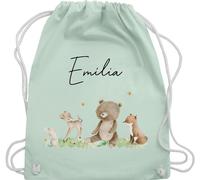 Turnbeutel Rucksack - Waldtiere Tiere Wald Tier Hase Reh Bär Fuchs - Unisize - Pastell Grün - kindergarten beutel name personalisierter stoffbeutel kinder personalisierte geschenke turnsackerl