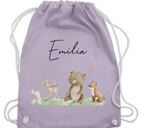Turnbeutel Rucksack - Waldtiere Tiere Wald Tier Hase Reh Bär Fuchs - Unisize - Pastell Lila - kindergarten beutel name personalisierter stoffbeutel kinder personalisierte geschenke turnsackerl