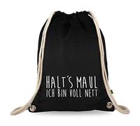 Turnbeutelliebe® Turnbeutel mit Spruch - halts Maul ich Bin voll nett - Baumwolle schwarz - Sportbeutel - Rucksack - Bag - ca. 12 Liter - 37 x 46 cm