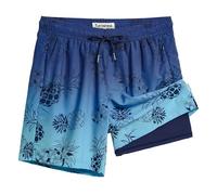 Turnshine Herren-Badehose mit Kompressionsfutter, 17,8 cm Schrittlänge, 2-in-1-Badeshorts, Stretch-Strandshorts, Blaue Ananas, Medium