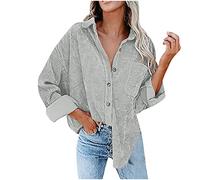 TURWXGSO Cord Hemd Damen Oversize Bluse Cordstoff Hemdbluse Einfarbig Cordhemd Langarm Button-Down Freizeitjacke Vintage Reverskragen Hemdjacke Frühling Herbst Oberteile Top Lose Outwear
