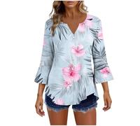 TURWXGSO Damen Bluse Sommer Elegant 3/4 Ärmel Tunika V-Ausschnitt Modische Drucke Lockere Hawaii Shirt Frauen Sommerbluse mit Knopfleiste Legeres Strand Urlaubs Oberteil Alltag Büro Shirts