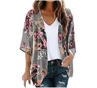 TURWXGSO Damen Chiffon Strickjacke Ausgestellten 3/4 Ärmeln Vorne Offen Kimono Strickjacke Böhmisches Blumen Muster Lockere Elegant Chiffon Vertuschung Lässige Bluse Sommer Herbst Oberteil Tops