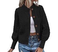 TURWXGSO Damen Herbst Cardigan Taste Lange Ballonärmel Rundhals Einfarbig Strickpullover Casual Tägliches Tragen Offene Vorderseite Kurzer Mantel Gestrickt Oberbekleidung S-XL
