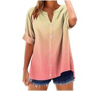 TURWXGSO Leinen Tops für Damen Kurzarm Button Down Bluse Vintage Print Shirt V-Ausschnitt Lose Bluse Sommer Lässige Baggy Basic Tunika Hemden Hawaiihemden Größe