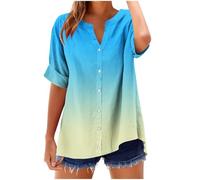 TURWXGSO Leinen Tops für Damen Kurzarm Button Down Bluse Vintage Print Shirt V-Ausschnitt Lose Bluse Sommer Lässige Baggy Basic Tunika Hemden Hawaiihemden Größe