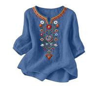 TURWXGSO Leinenbluse Damen Musselin Bluse Sommer V Ausschnitt Stickerei Bluse 3/4 Ärmel Bohemian Herbst Tunika Bestickte Folklore Blusen Hippie Blumenmuster Oberteil Lose Tops