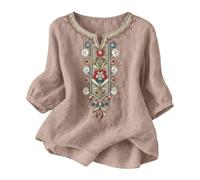 TURWXGSO Leinenbluse Damen Musselin Bluse Sommer V Ausschnitt Stickerei Bluse 3/4 Ärmel Bohemian Herbst Tunika Bestickte Folklore Blusen Hippie Blumenmuster Oberteil Lose Tops