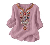 TURWXGSO Leinenbluse Damen Musselin Bluse Sommer V Ausschnitt Stickerei Bluse 3/4 Ärmel Bohemian Herbst Tunika Bestickte Folklore Blusen Hippie Blumenmuster Oberteil Lose Tops
