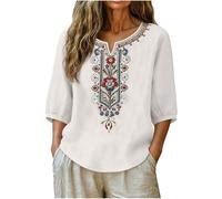 TURWXGSO Leinenbluse Damen Musselin Bluse Sommer V Ausschnitt Stickerei Bluse 3/4 Ärmel Bohemian Herbst Tunika Bestickte Folklore Blusen Hippie Blumenmuster Oberteil Lose Tops