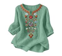 TURWXGSO Leinenbluse Damen Musselin Bluse Sommer V Ausschnitt Stickerei Bluse 3/4 Ärmel Bohemian Herbst Tunika Bestickte Folklore Blusen Hippie Blumenmuster Oberteil Lose Tops