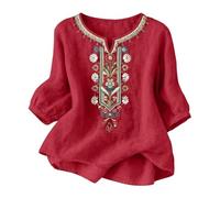 TURWXGSO Leinenbluse Damen Musselin Bluse Sommer V Ausschnitt Stickerei Bluse 3/4 Ärmel Bohemian Herbst Tunika Bestickte Folklore Blusen Hippie Blumenmuster Oberteil Lose Tops