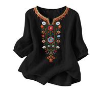 TURWXGSO Leinenbluse Damen Musselin Bluse Sommer V Ausschnitt Stickerei Bluse 3/4 Ärmel Bohemian Herbst Tunika Bestickte Folklore Blusen Hippie Blumenmuster Oberteil Lose Tops