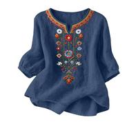 TURWXGSO Leinenbluse Damen Musselin Bluse Sommer V Ausschnitt Stickerei Bluse 3/4 Ärmel Bohemian Herbst Tunika Bestickte Folklore Blusen Hippie Blumenmuster Oberteil Lose Tops