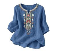 TURWXGSO Leinenbluse Damen Musselin Bluse Sommer V Ausschnitt Stickerei Bluse 3/4 Ärmel Bohemian Herbst Tunika Bestickte Folklore Blusen Hippie Blumenmuster Oberteil Lose Tops