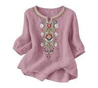 TURWXGSO Leinenbluse Damen Musselin Bluse Sommer V Ausschnitt Stickerei Bluse 3/4 Ärmel Bohemian Herbst Tunika Bestickte Folklore Blusen Hippie Blumenmuster Oberteil Lose Tops